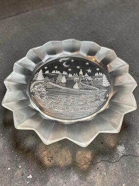 Vintage Mikasa Frosted Glass Christmas Plate With Santa Sleigh & Winter Village